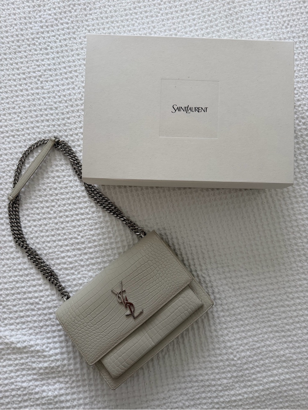 Saint Laurent Small Blanc Vintage Croc-Embossed Leather Chain Shoulder Bag